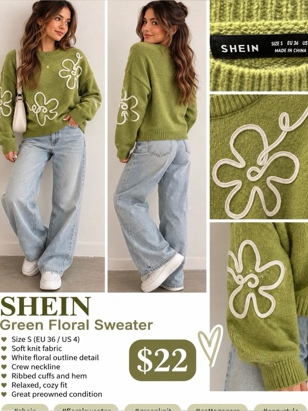 SHEIN Green Floral Crewneck Sweater